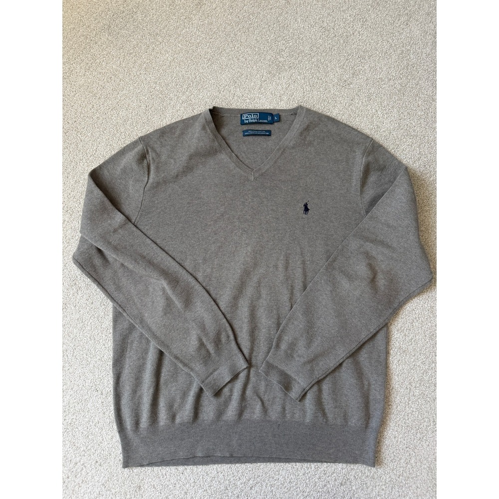 Polo Ralph Lauren Mens V-Neck Sweater Brown Pima Cotton Large Taupe Pony Logo